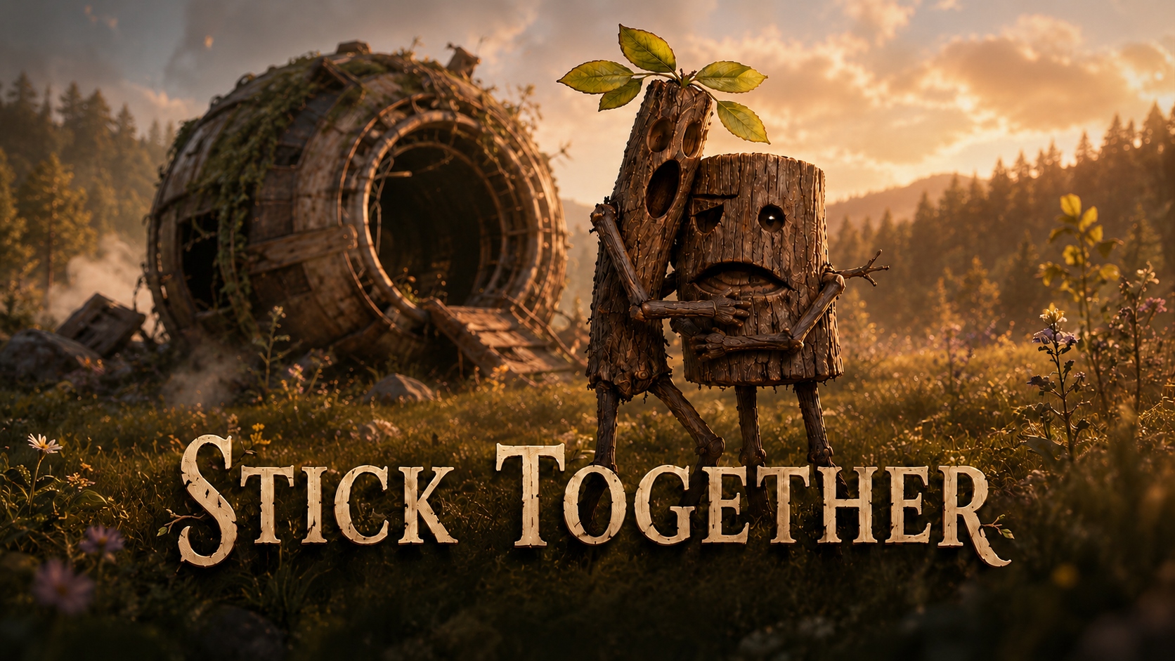 Stick Together key art — a wooden stick character with leaf sprouts stands in a golden-hour meadow before a crashed wooden structure, with the title STICK TOGETHER below